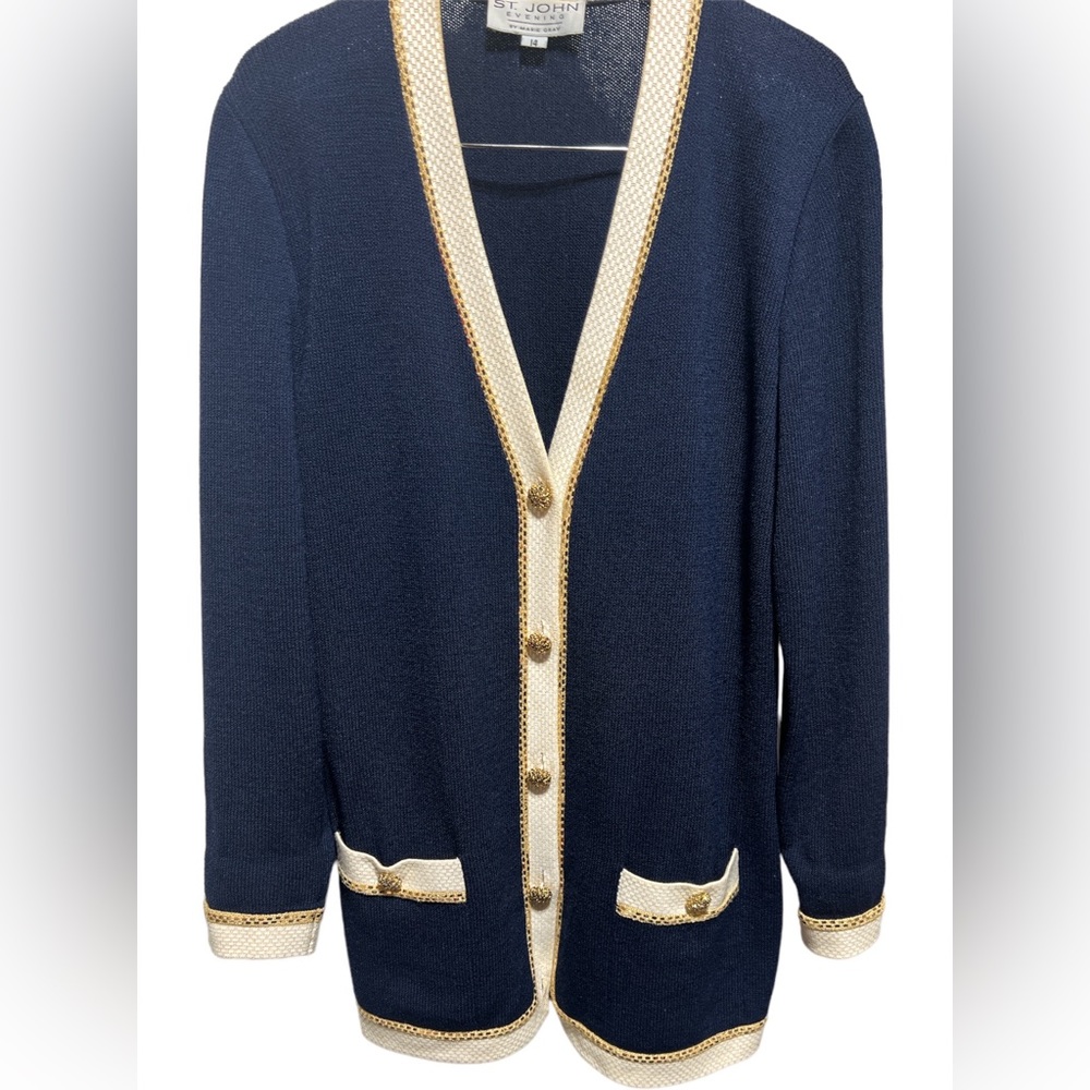St. John Navy Blue Knit Cardigan with Cream & Gold Trim